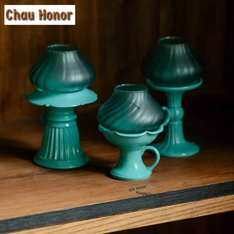 ZAEYORIA Turquoise Green Flower Bud Glass Candlestick Creative Tea Room Atmosphere Lamp Song Home Furnishings Candle Table Lamp