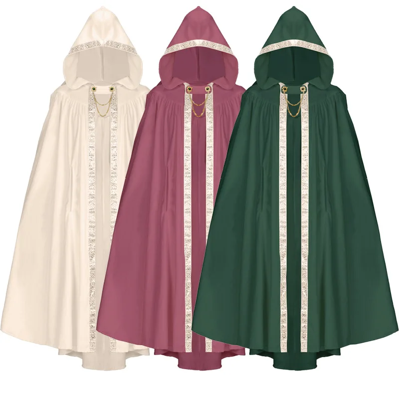 

Hooded Robe with Lace Trim, Beaded Strands Gear Chains, Breathable Soft Fabric for Cosplay Stage Shows Medieval Banquets