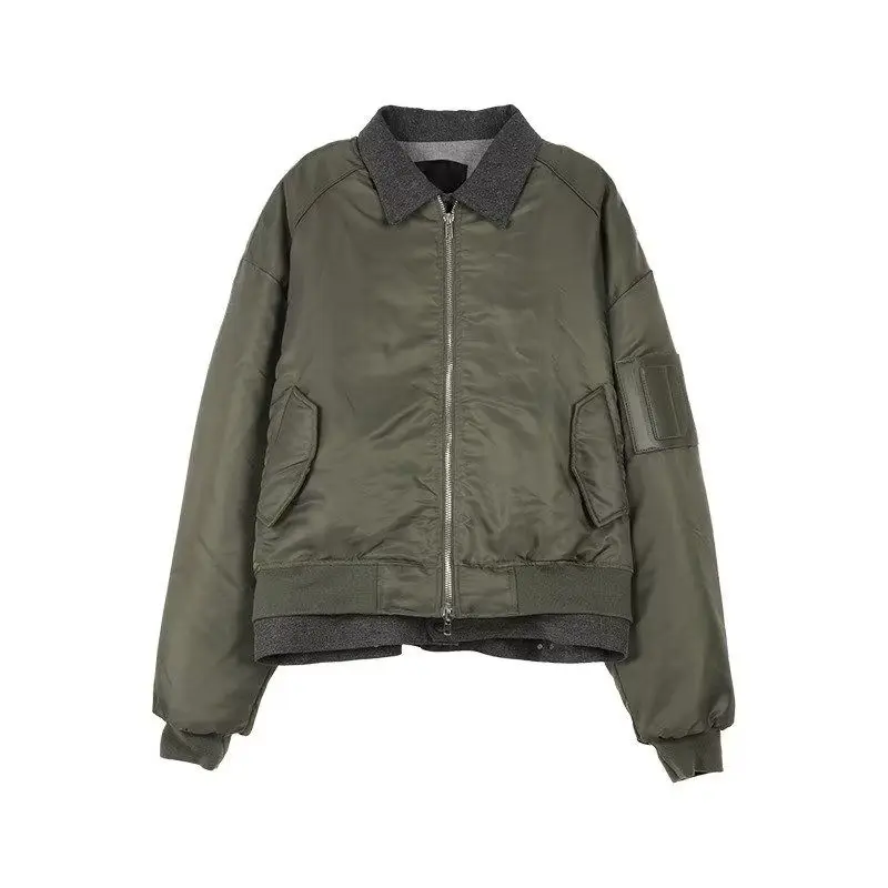 Nische trendige Marke, Spleißdesign, gefälschte zweiteilige Revers-Baseballuniform, lockere, vielseitige Fliegerjacke für Herren