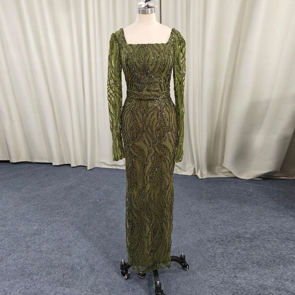 

Customized Beading Embellished Evening Dresses Full Sleeve Wedding Party Gown Straight Ankle Length Formal Cocktail Dress