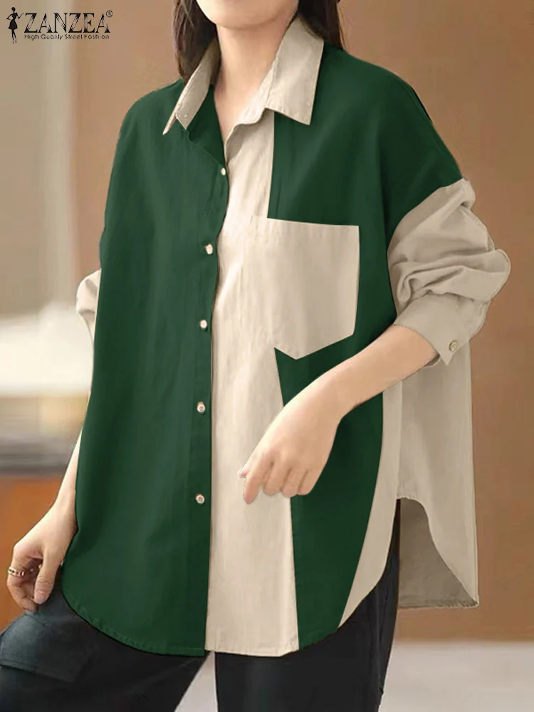 Jesienne koszule damskie Casual Baggy Blouse ZANZEA Fashion Lapel Neck Long Slevve Blusas Femme Patchwork OL Work Tops Loose Chemise