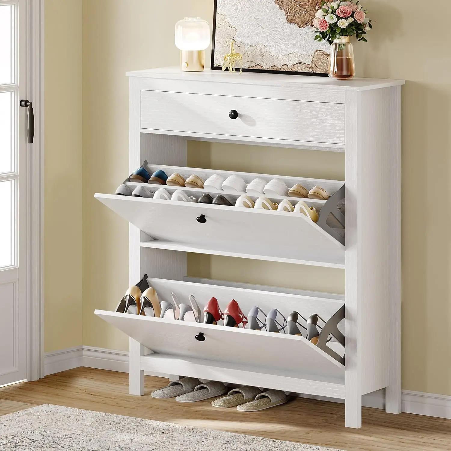 Narrow Shoe Cabinet with 2 Flip Drawer - Slim White Shoe Storage Cabinet With Metal Flip Frame - Adjustable or Removable Hidden