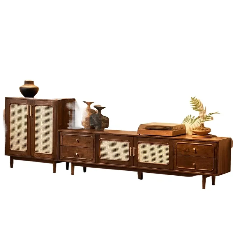 Black Walnut TV Cabinet with Antique Rattan Design Living Room Home Storage Console Table Arrival Modern Furniture