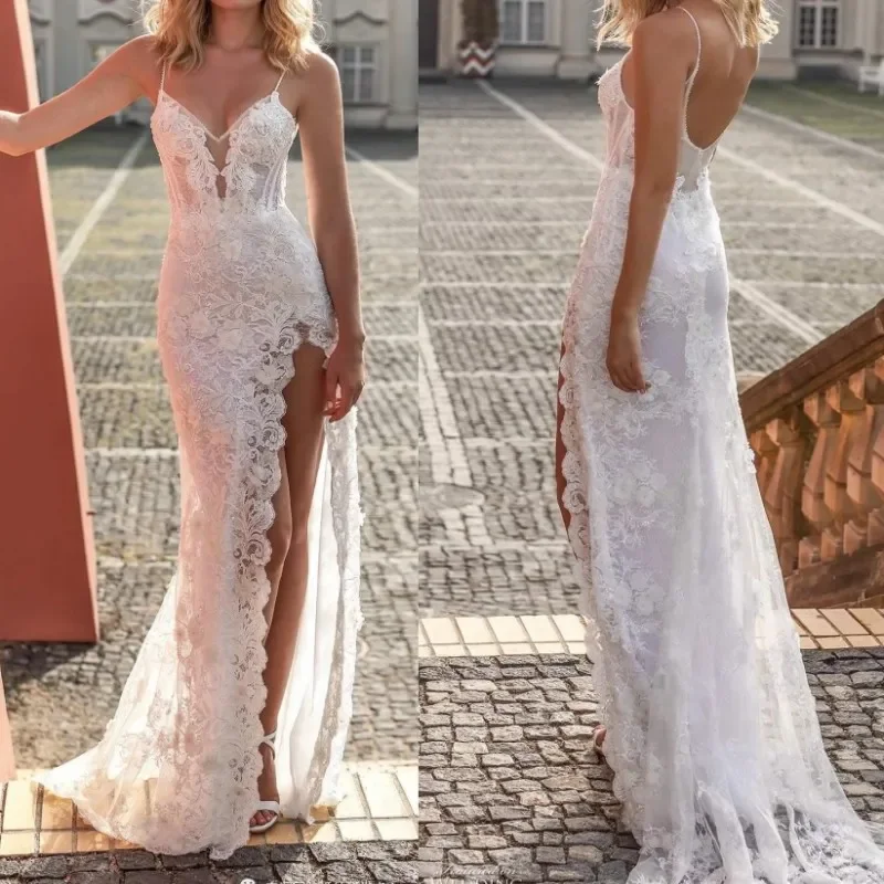 

Thigh High Slits Boho Wedding Dresses Lace Hand Made Flowers Spaghetti V-neck Backless Vestidos De Novia Berta Wedding Dress Bri