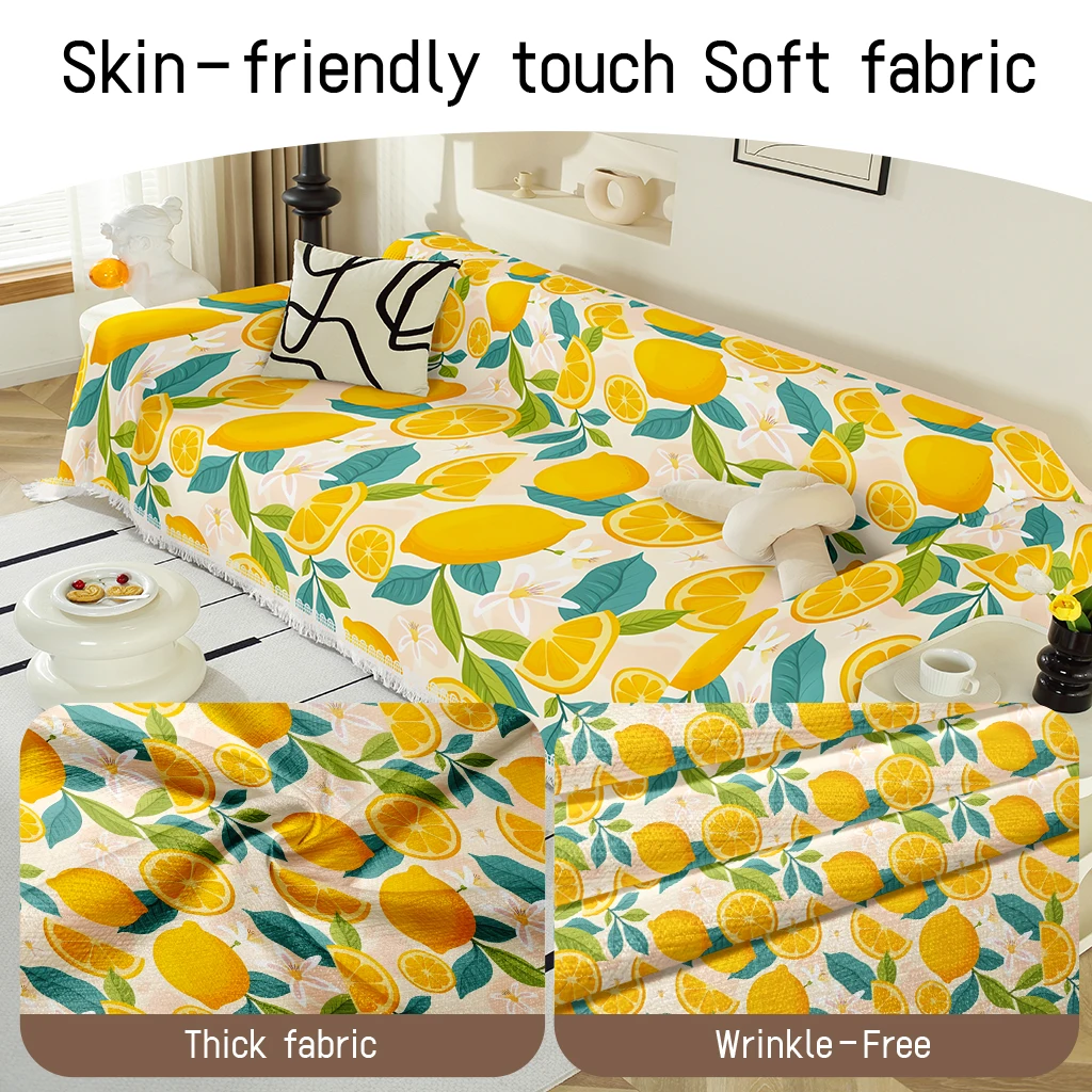 1pc Summer Citrus Fruit Sofa Blanket, Yellow Lemon Leaf Print Couch Throw for Home Decor, Soft Modern Washable Cover