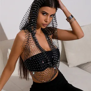 Sweater without backward -back V -neck, see through net, hollow tank top, crop top, crop top rave festival, shiny rhinestones, sexy Main Main Sales Rhinestrodes - №10