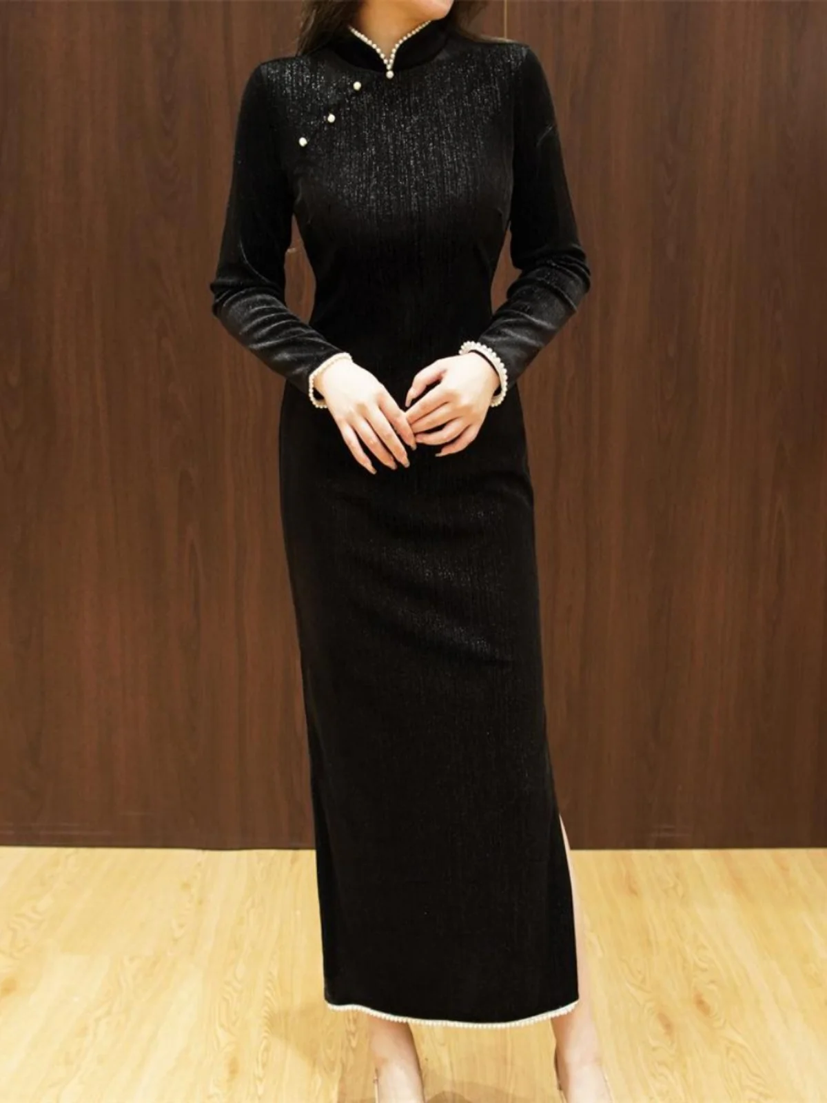 Ele Long Velvet Qipao Dr Pearl Collar Side Slit Slimming Split High Waist Chinese Sle Evening Gown for Women