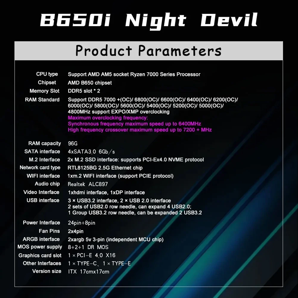 JGINYUE B650 ITX Motherboard Set AM5 Ryzen 7000 Series CPU DDR5 6000MHz Dual Channel Memory RAM B650i Night Devil Gaming ITX Kit
