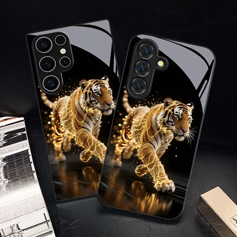 Golden tiger stripes Tempered glass Mobile Phone Case For Samsung Galaxy S26/25/24/23 S22 Ultra FE Plus Anti-fall A54 A55 shell