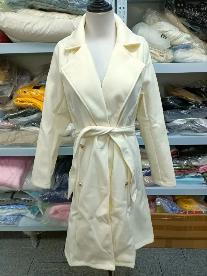 Vintage Double Breasted New White Trench Coat for Women Sashes Slim Long Trench Female Women Winter Office Solid Trench Dress