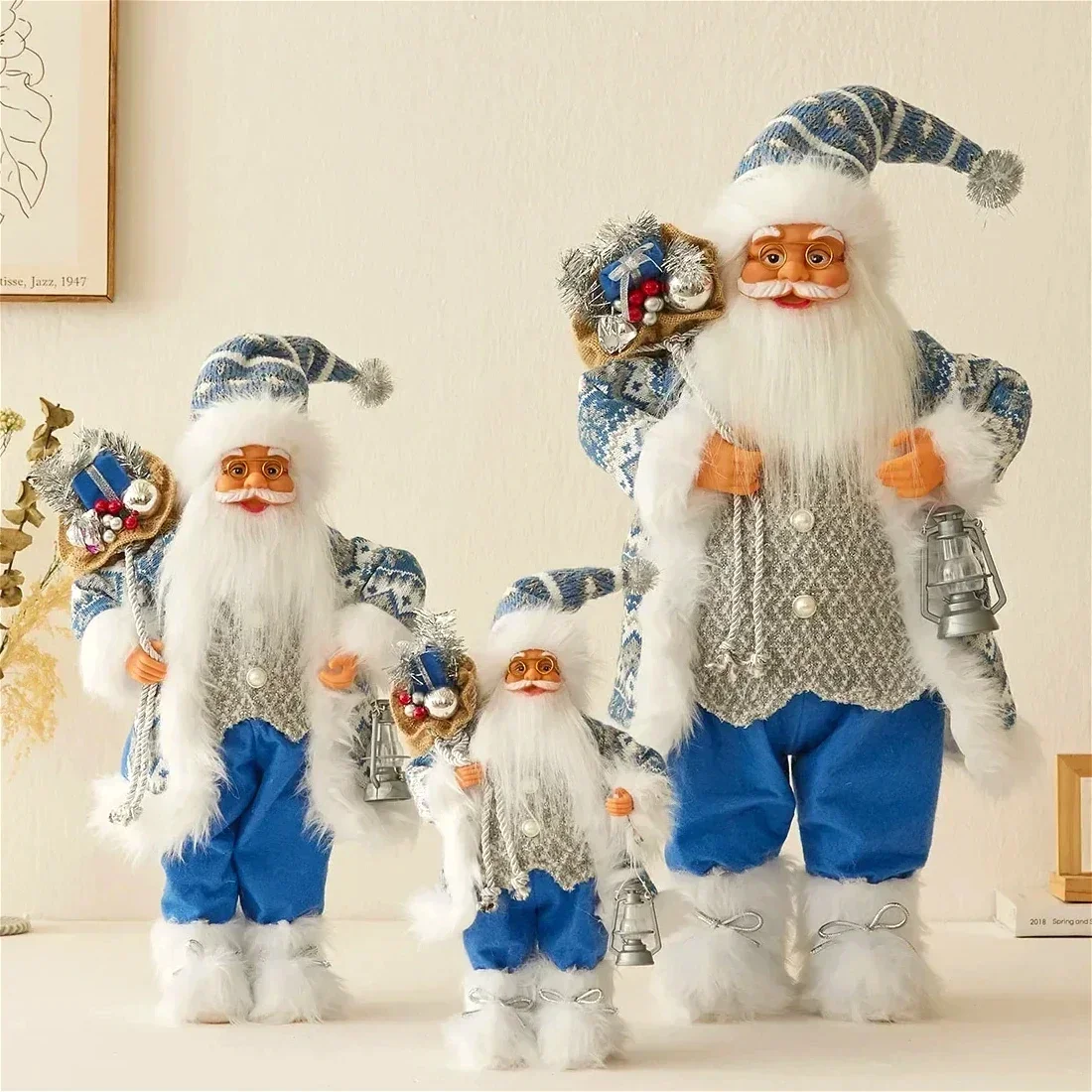 

Blue Santa Claus Doll Christmas Decorations Plush Santa Dolls Figurines for Xmas Party Room Tabletop Ornaments New Year Gift