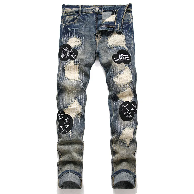 

Men's Fashion Design Destroyed Jeans Pants With Patches High Streetwear Ripped Denim Trousers Straight Fit Distressed Bottoms