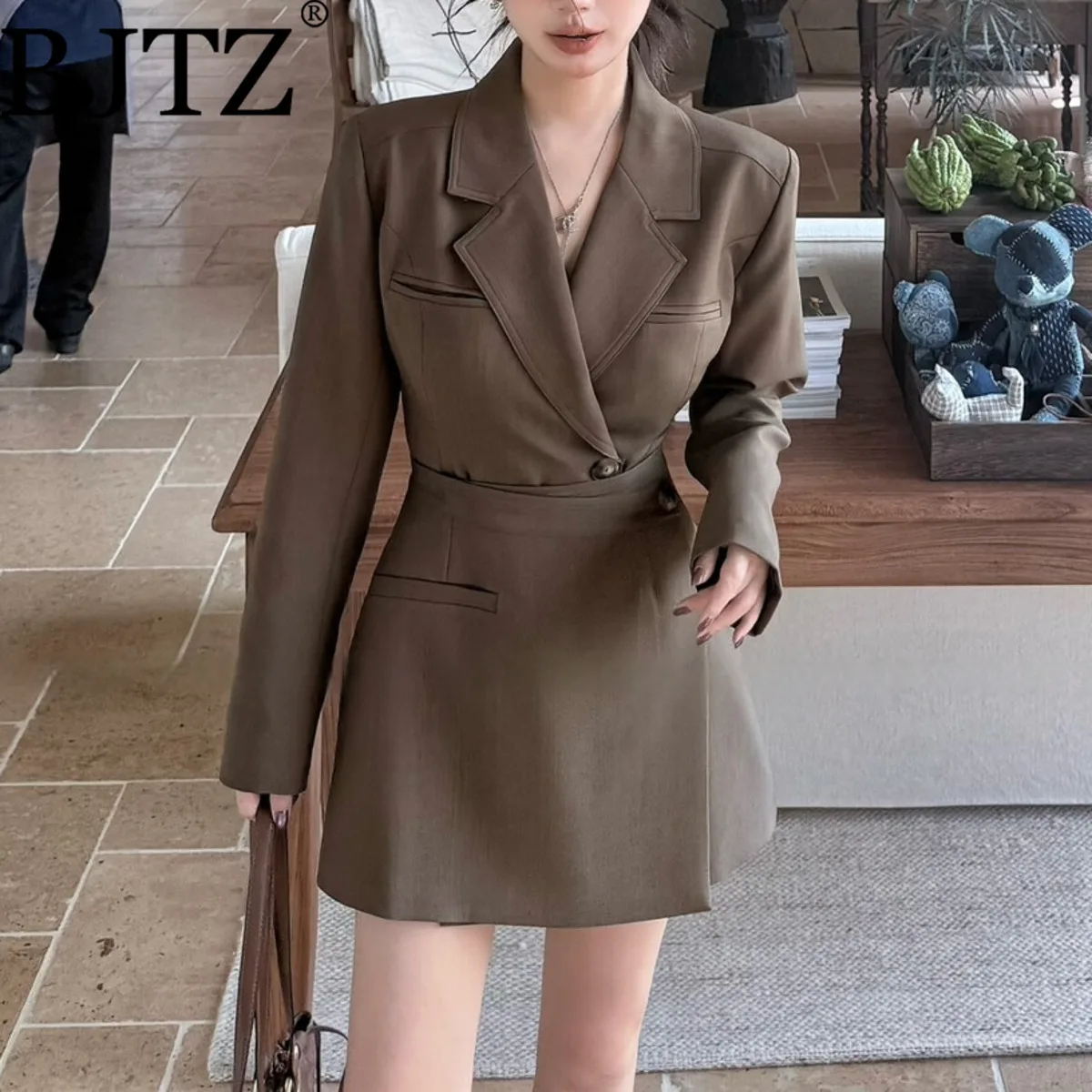 

BJTZ Fashion Designer Blazer Dress For Woman 2025 Spring Autumn New Solid Color Skirt Tie-waist Designer Female Clothes