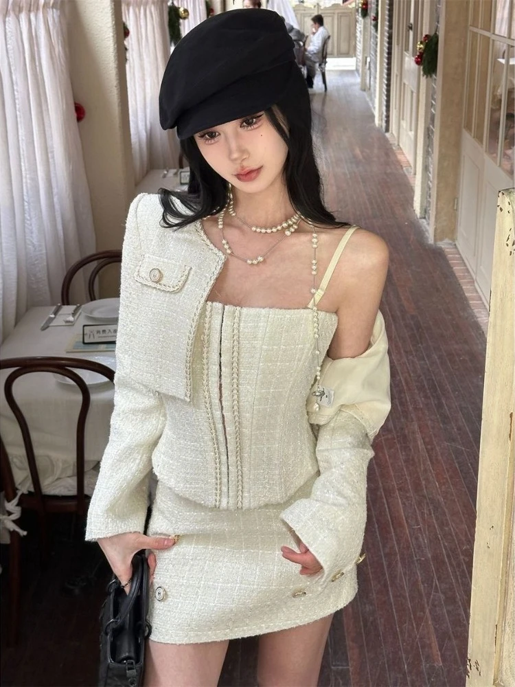 

French Elegant Retro Hepburn 3 Piece Set Women Short Coat + Fit Chic Vest + Hip Skirt New Desire Pure Slim Vintage Spring Outfit