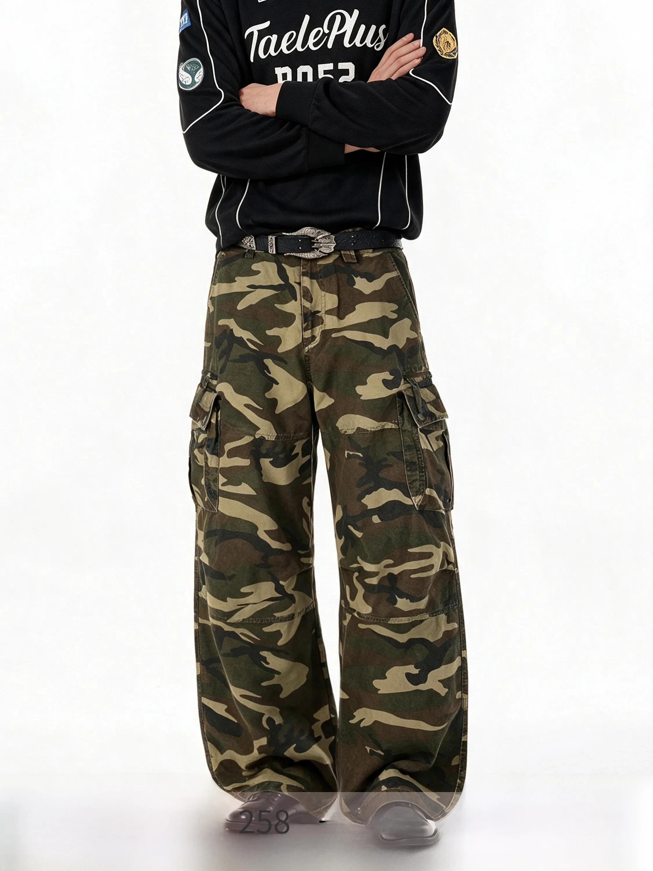 Calças de Trabalho Americanas Retro em Camuflagem Lavada BLAEXIT para Homens e Mulheres, Calças Casuais com Múltiplos Bolsos ...