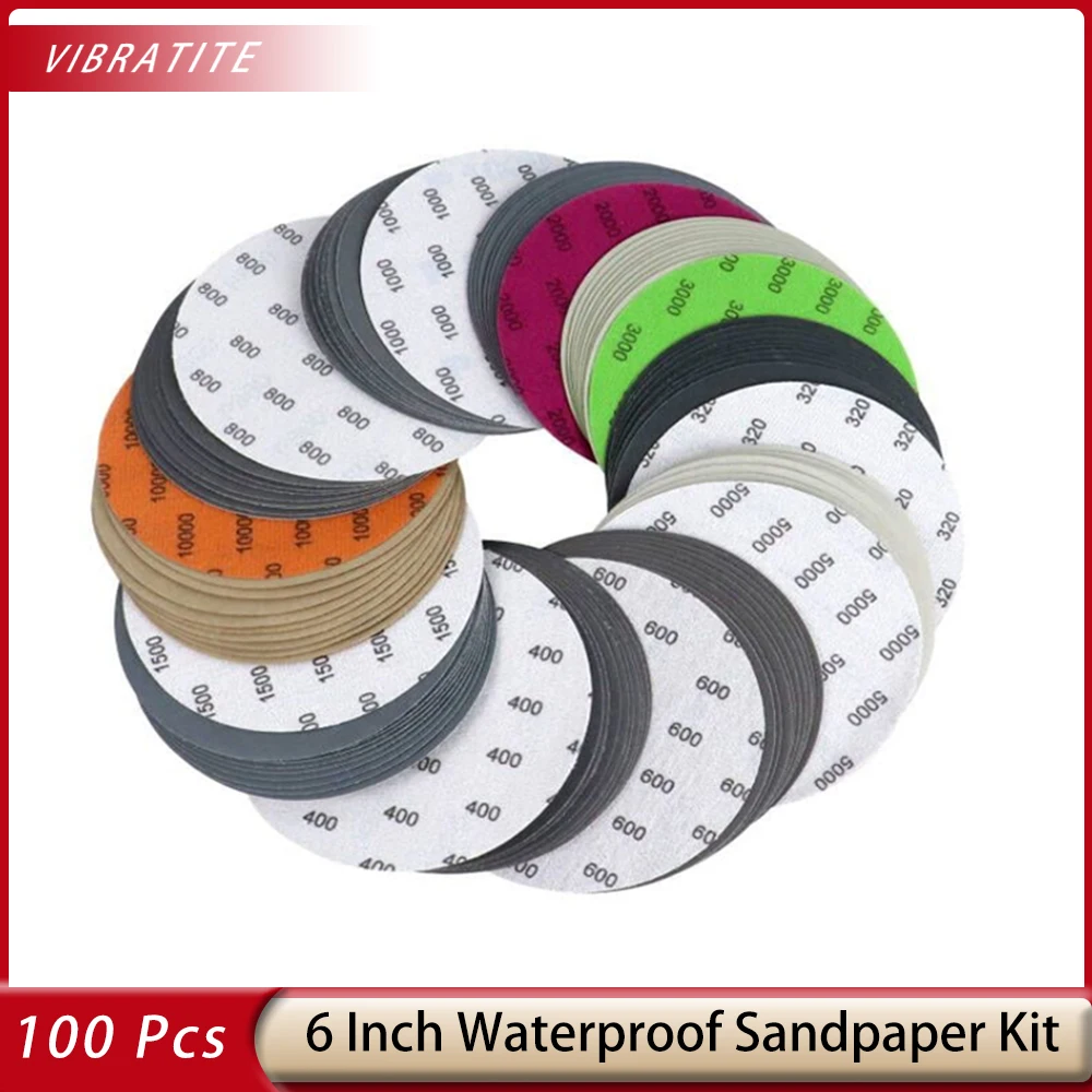 100 Pcs 6 Inch (150mm) Waterproof Hook & Loop Sandpaper 320-10000 Grit for Wet/Dry Sanding Grinder Polishing