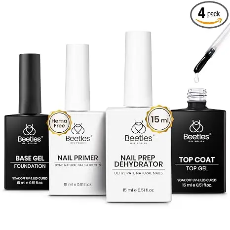 Beetles 4pcs 15ml Gel Top Coat Gel and Base Coat Gel Nail Kit Perfect Professional Set Essential Set with Nail Dehydrator And Primer Nails Supplies Art Design for LED UV Nail Stuff ACID FREE Finish Gel HEMA FREE TPO