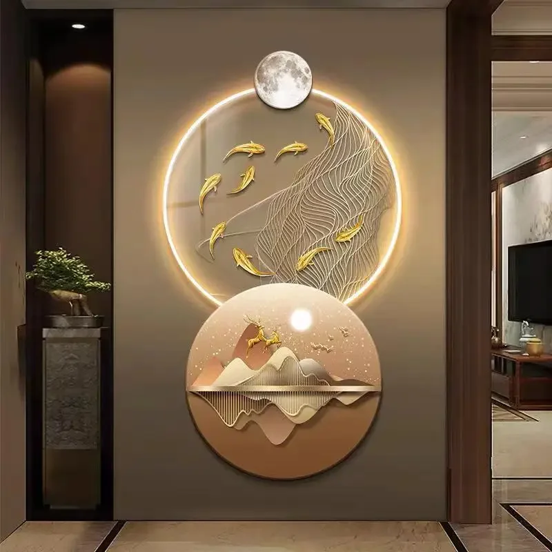 Ginkgo Leaf Entrance Decoration Painting,LED Carved Elk Entrance Door Mural,corridor Hanging Painting,Light Hanging Painting