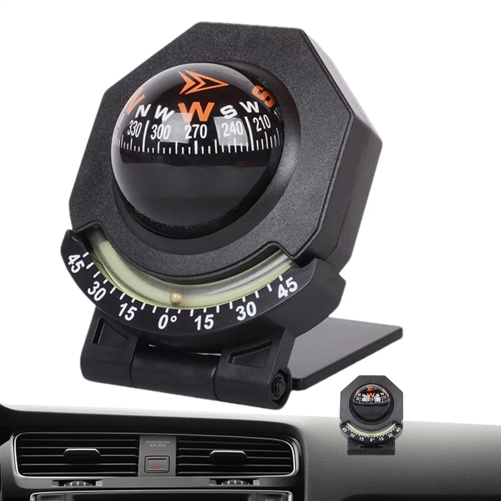 Car Compass Ball Foldable High Precision Direction Guide Compass With Inclinometer Luminous Compass 180-Degree Adjustable