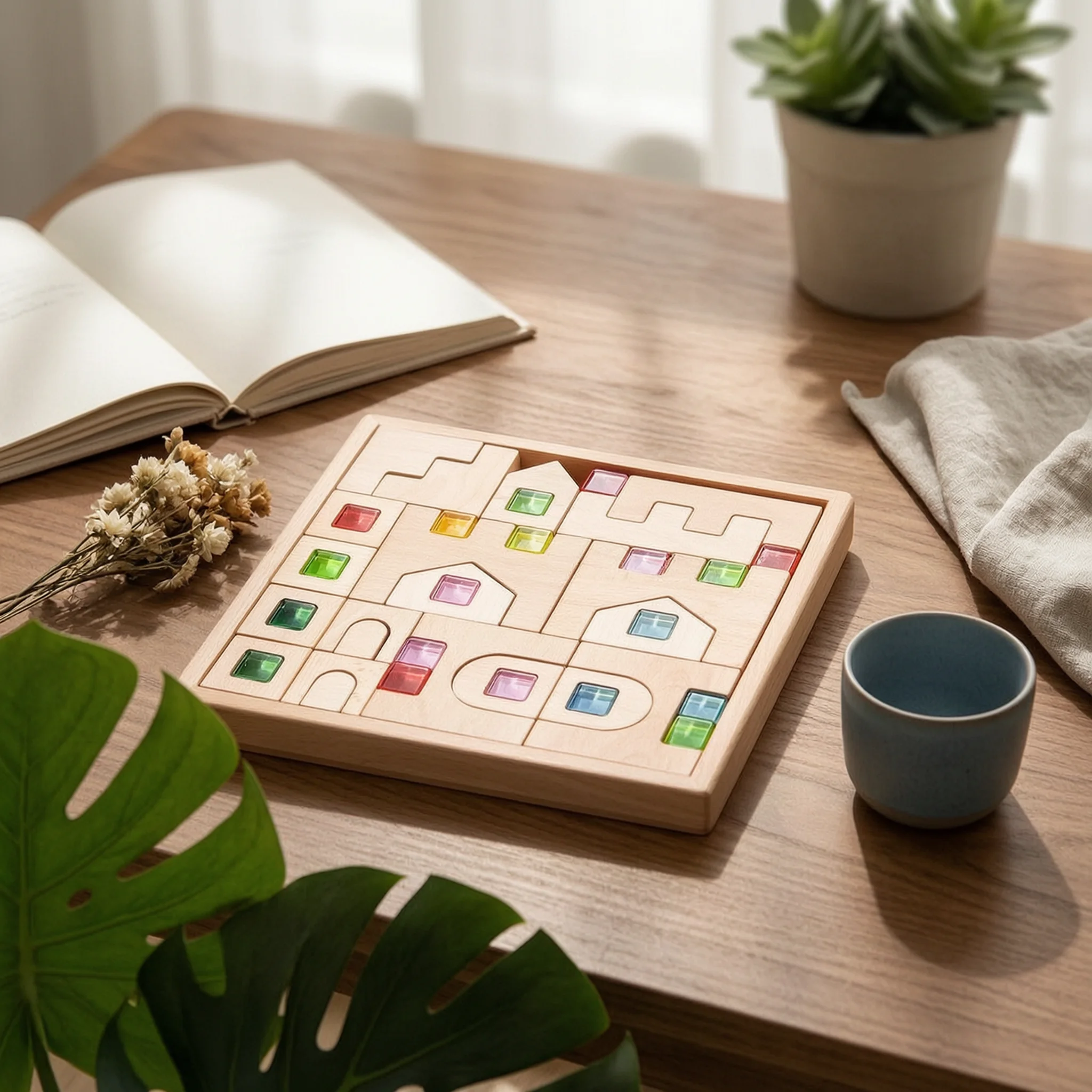 Shape Matching Board Translucent Wooden Puzzle Shape Puzzle Geometric Toy Colored for Toddlers, Playroom, Preschool