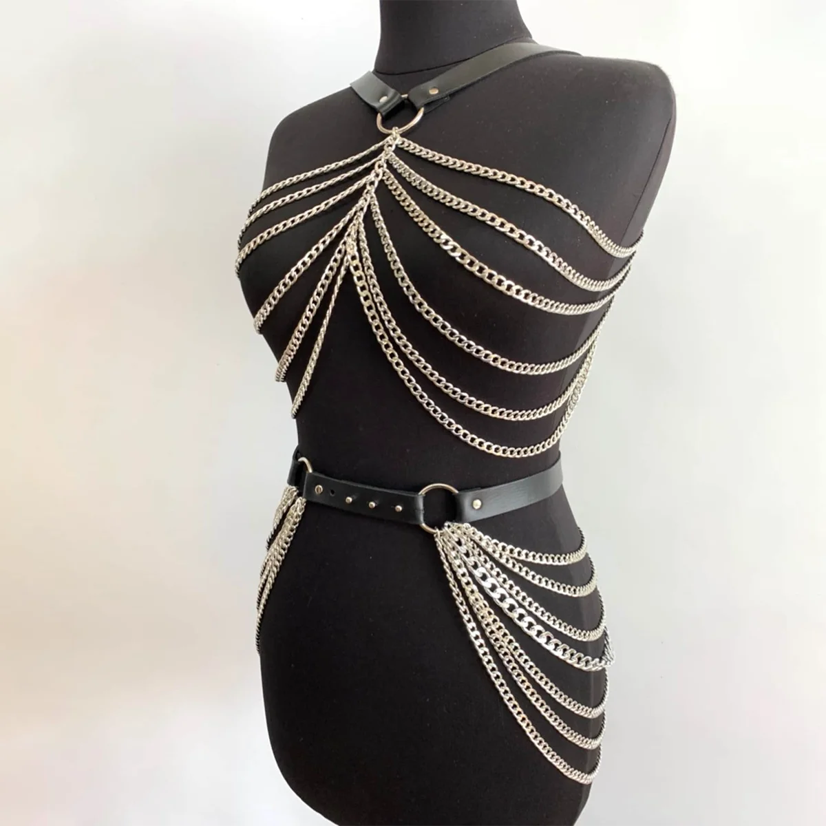 

Fashion Body Chain Set: Leather belt paired with cage-style chest harness accessory, perfectly complements carnival outfits