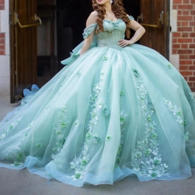 

Mexican Mint Green Quinceanera Dress Ball Gown 3D Floral Applique Bow Corset Vestidos De 15 Años Women Birthday Party Prom Wear