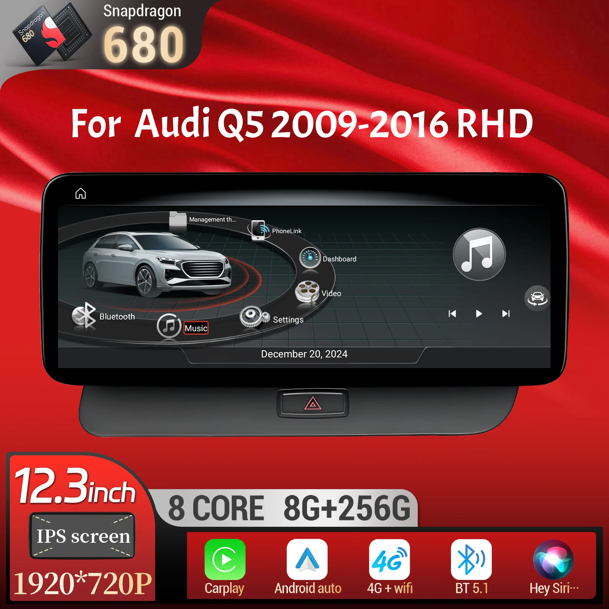 

12.3 inch Android 14 Right Hand Drive Car Radio For Audi Q5 2009-2016 Wireless BT Carplay Qualcomm Snapdragon 680 System Screen