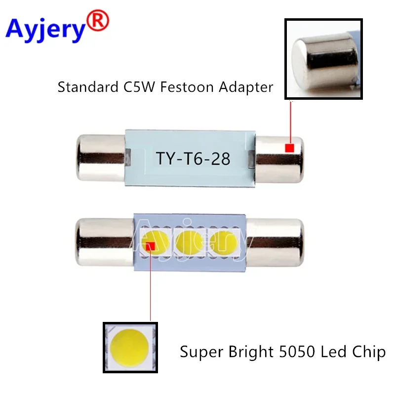 AYJERY 100PCS C5W T6 Festoon 28mm 31mm 12V 5050 3 SMD Roof Ceiling Vanity Mirror Sun Visor Reading Light White Ice Blue