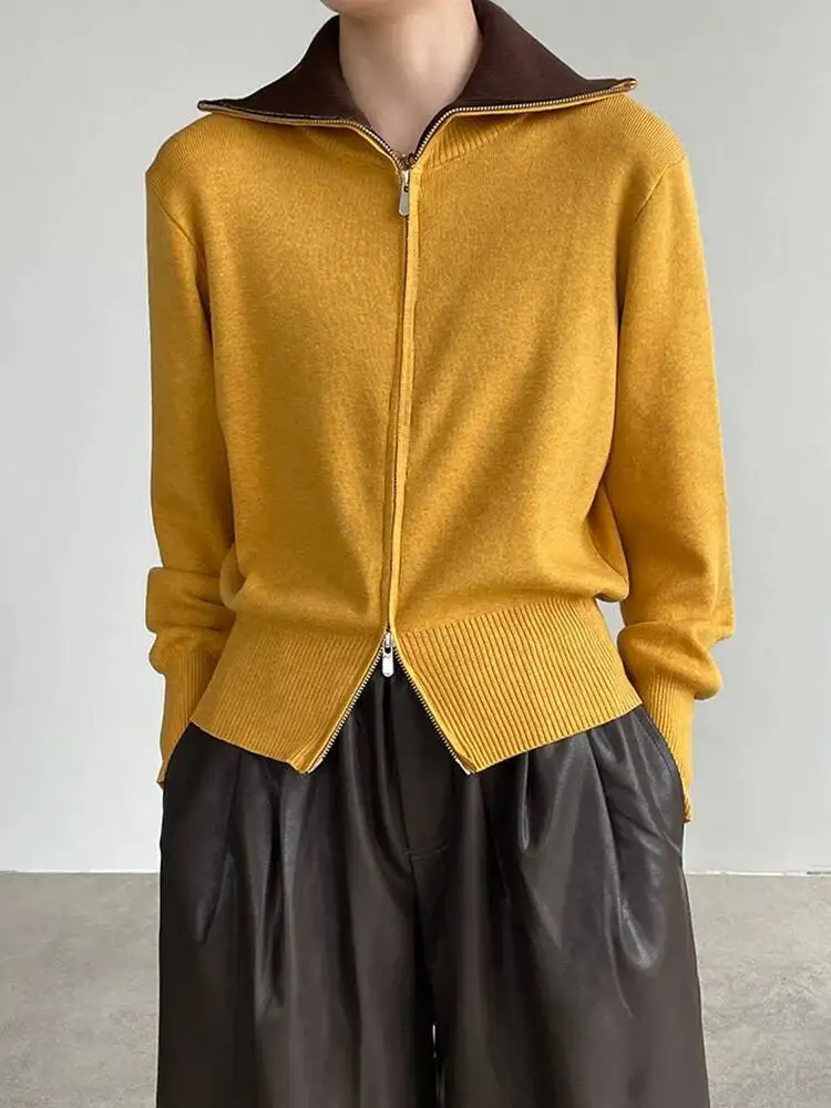 

Blue Color-block Slim Knitting Cardigan Sweater Turtleneck Long Sleeve Women New Fashion Tide Spring Autumn