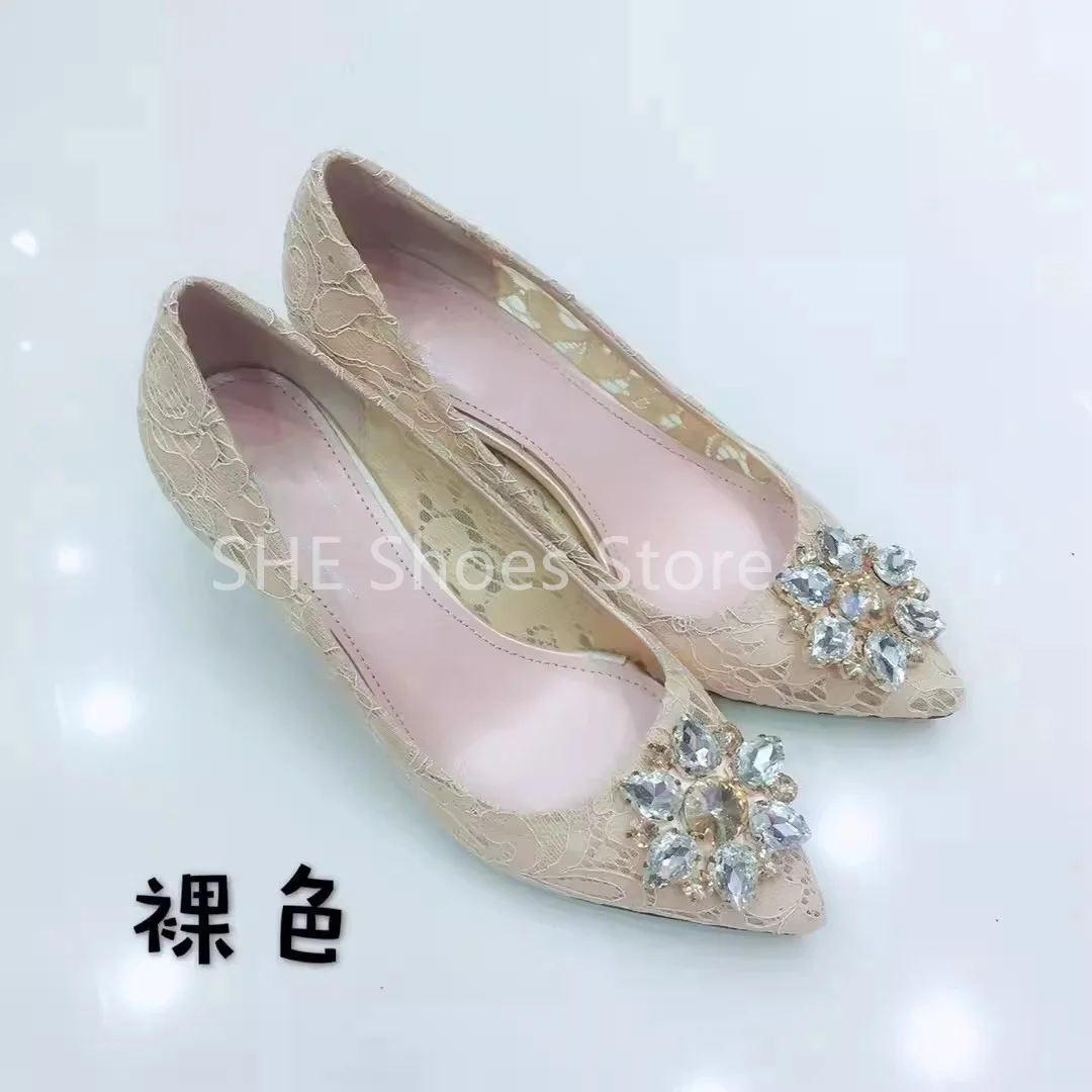 Hollow Out Lace Rhinestone Pointed Toe Thin Heel Women High Heels Fashion Catwalk Shallow Slip-On Pumps Wedding Bride Shoes