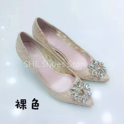 Hollow Out Lace Rhinestone Pointed Toe Thin Heel Women High Heels Fashion Catwalk Shallow Slip-On Pumps Wedding Bride Shoes