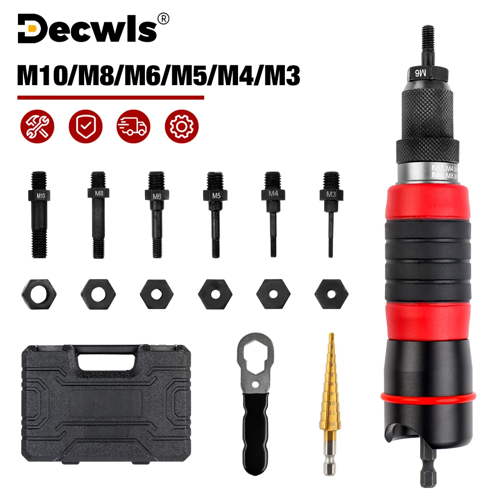 High Quality Electric Rivet Nut Gun Adapter Removable DIY Nut Insert Nut Riveting Tool with Step Drill Titanium Plated M3-M10