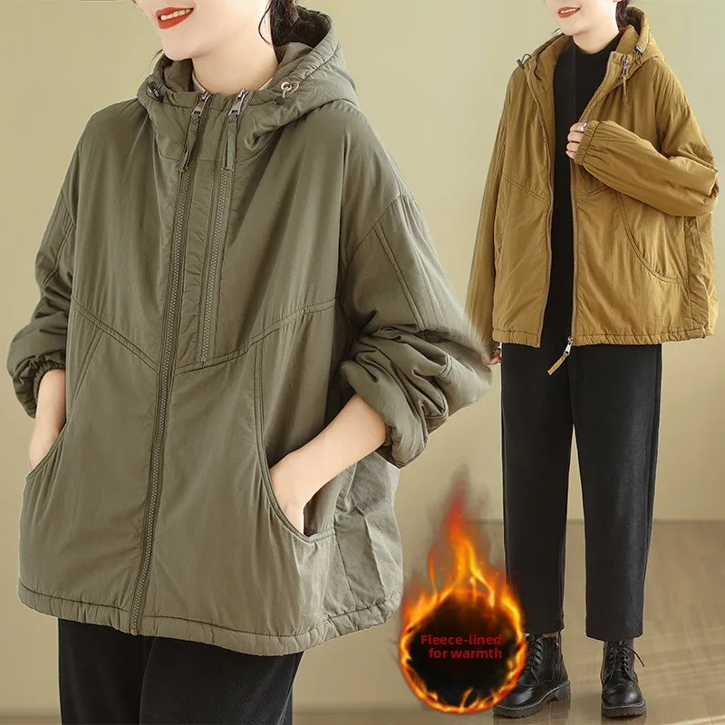 

Retro Cotton Jaet Women's Loose Fitting Hooded Coat Warmth Dstring Winter Outerwear Thiened Long Sve Zipper Closure