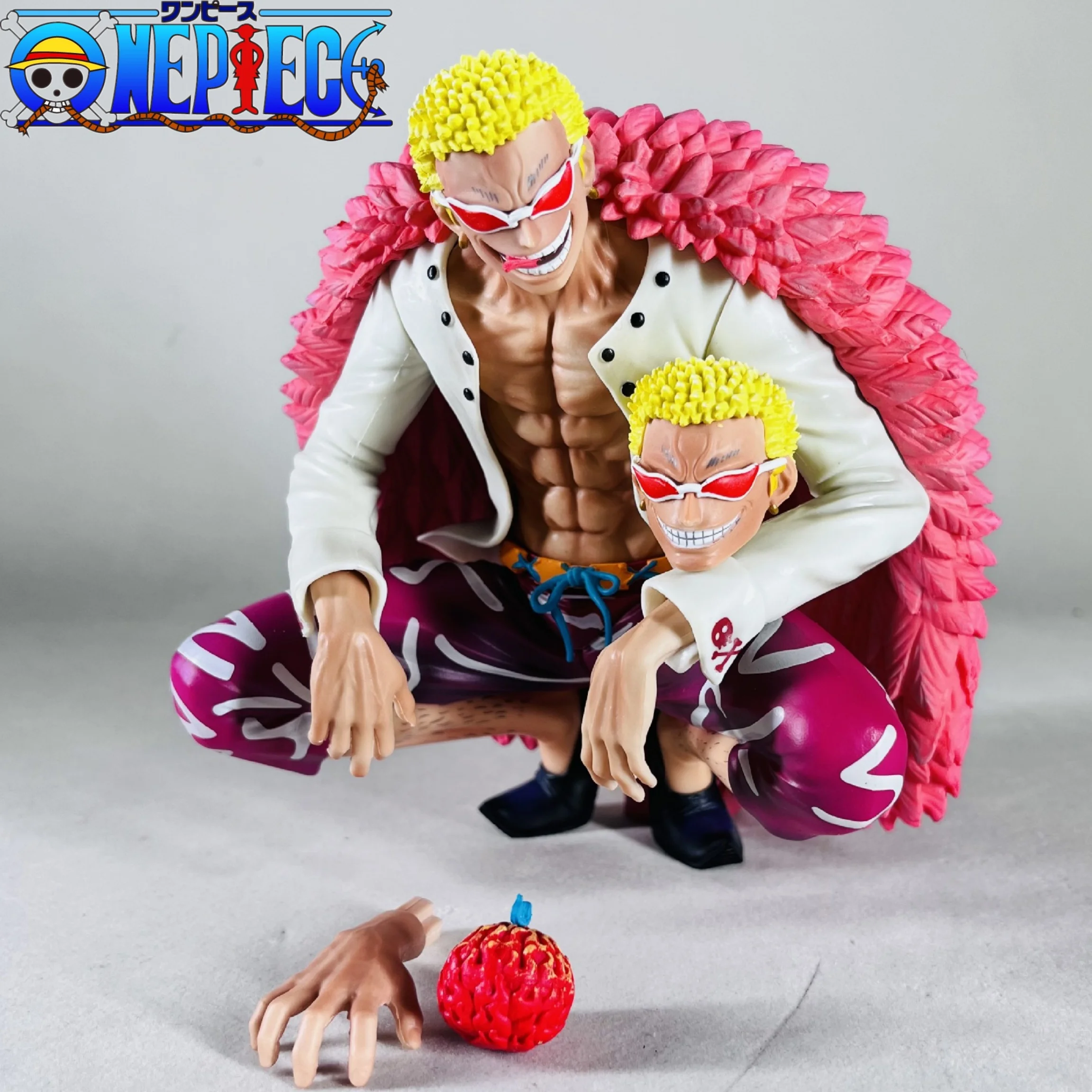 New One Piece Anime Figure Donquixote Doflamingo Toy 16cm Squatting Double Headed Carving Devil Nut Model Doll Gift Decoration