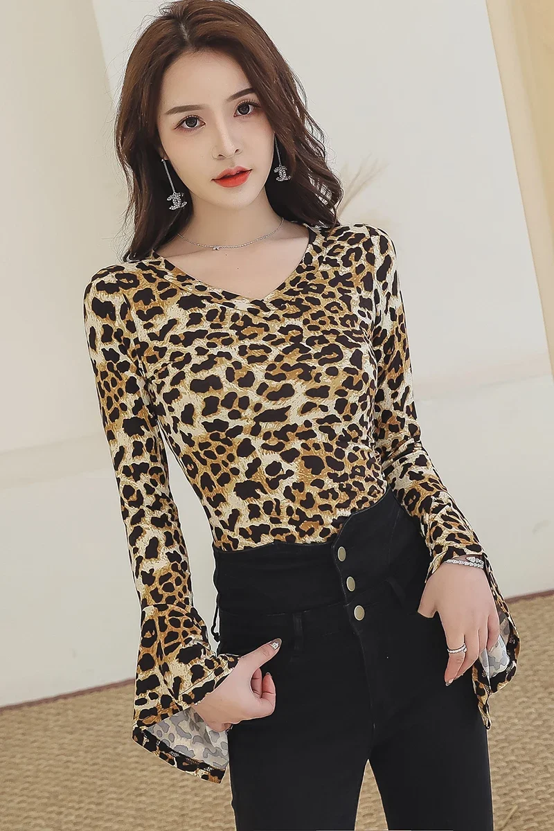 Dance Shirt Female Long Sleeve Sexy Adult Clothing Lace Competition Performance Modern Dance Practice Leopard Print Tops Z80