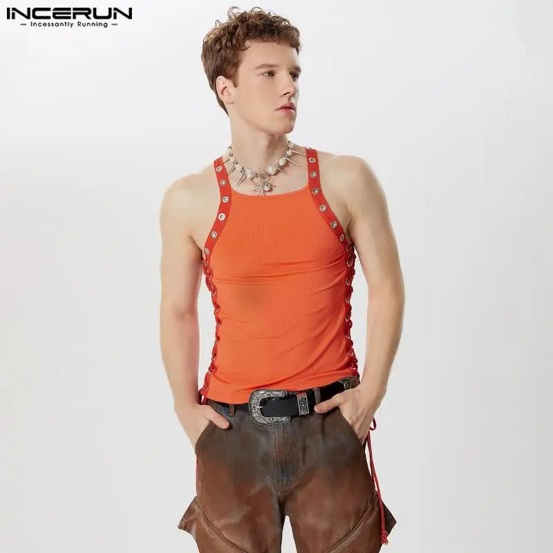 INCERUN Men Tank Tops Patchwork Lace Up O-neck Sleeveless Vests Summer Fitness Streetwear 2024 Hollow Out Fashion Men Clothing