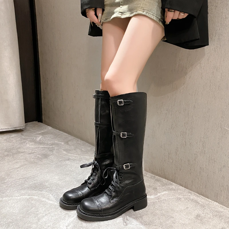 2024 Women Fashion Buckle Strap Knight Boots Autumn Winter Platform Knee High Boots Women Vintage PU Leather Long