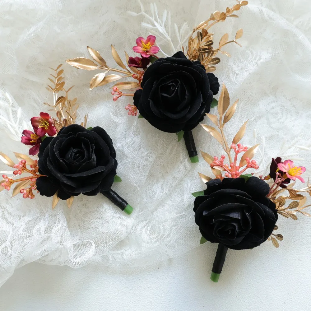 صدرية المعصم السوداء وزهرة العروة على المعصم للعروس وصيفة العروس الزفاف العروة للرجال العريس وصيف الزفاف #3