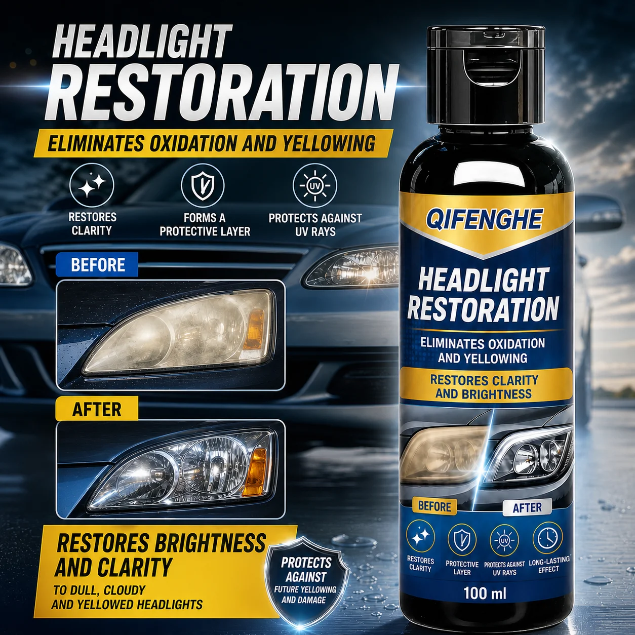 QIFENGHE 100ml Car Headlight Restoration Fluid, Headlamp Oxidation Yellowing Remover, Restore Lens Clarity Brightness, UV Protec