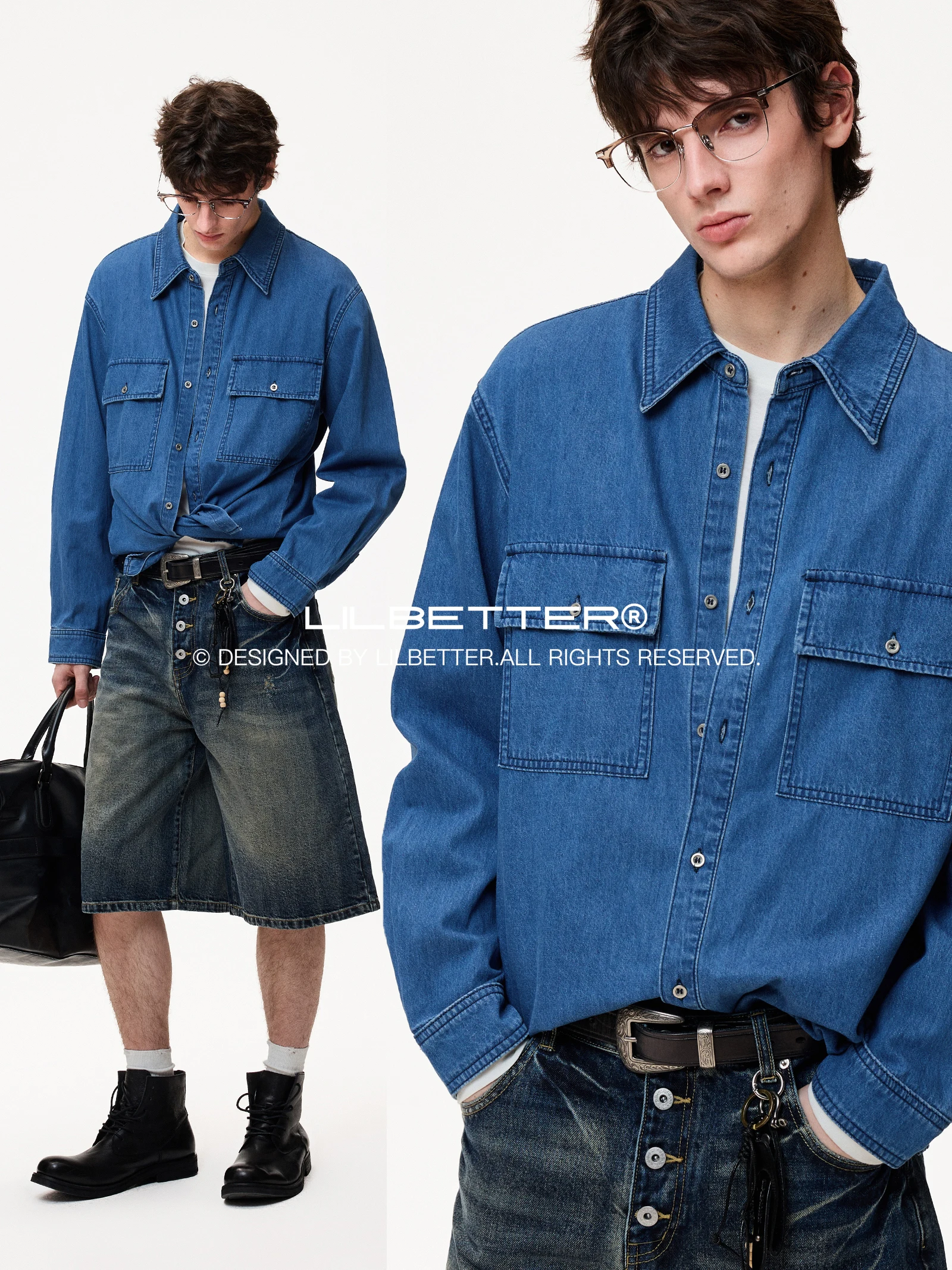 Lilbetter Washed Blue Workwear Denim Shirt Loose Shoulder Casual Long Sleeve Collar Leisure Coat for Men Fashion Urban Style