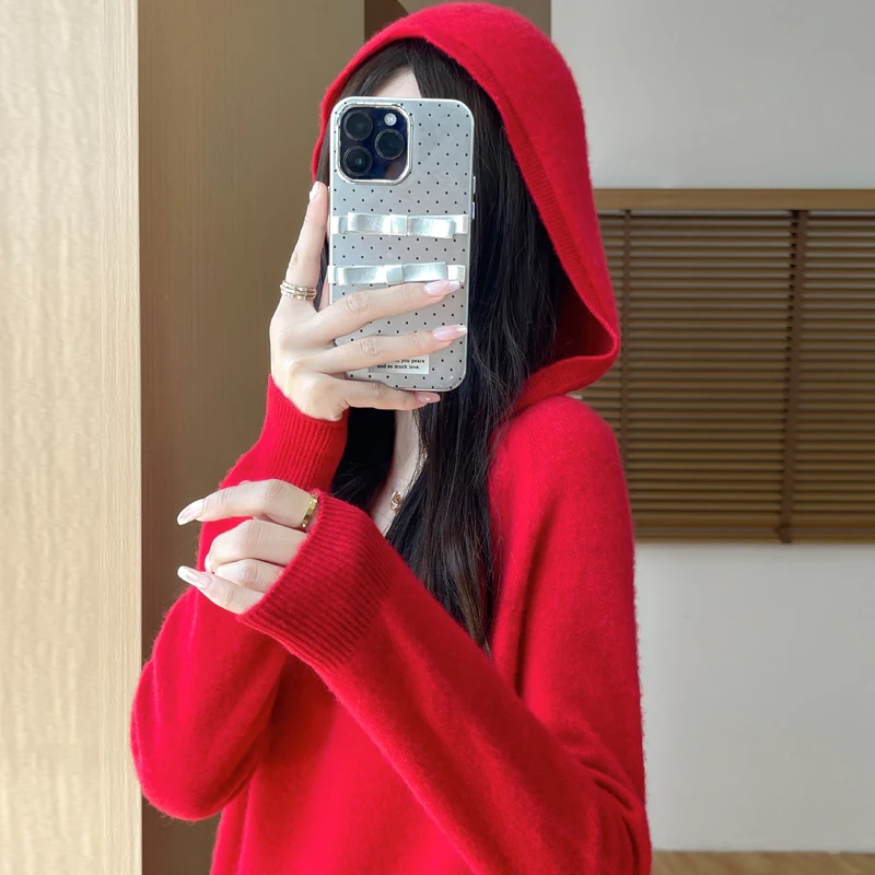 

Pure Wool Knitted Sweater. Female V-Neck. Hoodie. Laziness. Fashion. Solid color. Pullover Wool Sweater