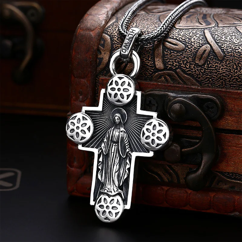 s925 sterling silver necklace pendant men's cherry blossom cross personalized thai silver retro distressed jewelry