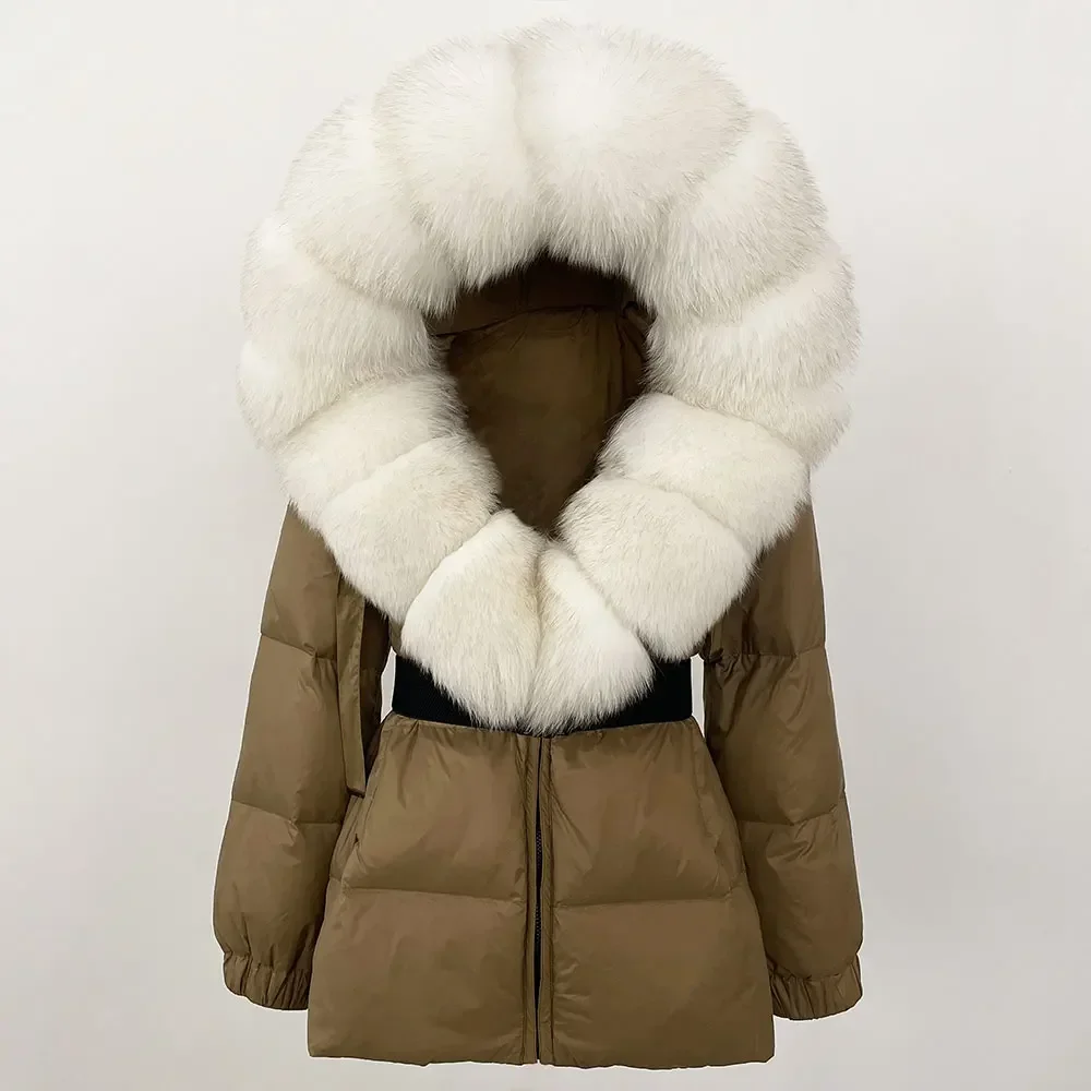 MENINA 2024 Giacca Invernale Donna Vera Pelliccia di Volpe Naturale Collo Con Cappuccio di Spessore Caldo 90% Piumino D'anatra Bianca Cappotto Femminile Streetwear Casual