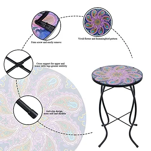Café TablesPurple Glass Mosaic Outdoor Side Table for Patio and Garden Decor
