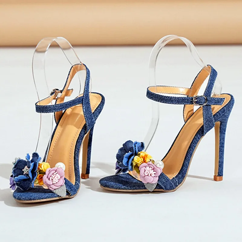 

Fashion Denim Blue Designer Women's Heels Luxury Flowers Pearl Decoration Heeled Sandals Women Summer Sexy Thin High Heels Pumps