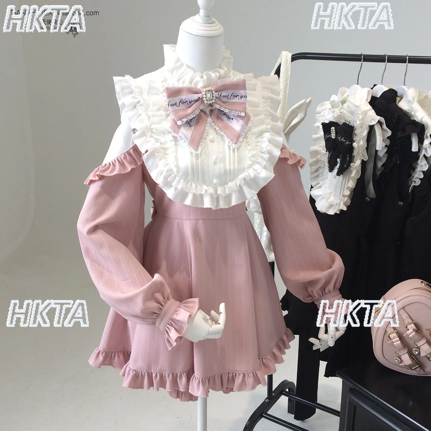Japanese Subculture Goth Dark Off Shoulder Pleated Bow Pearl Lace Striped Ruffle Edge Waist Lolita Dress Black Shorts Suit Women - view 3