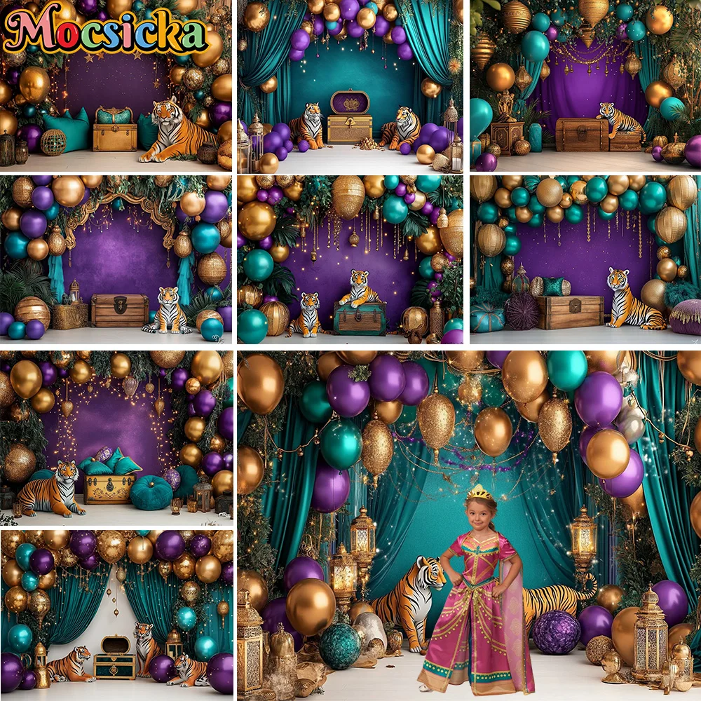 Mocsicka Indian Style Palace Background Photography Tiger Gold Purple Balloon Curtain Backdrop Princess Girl Birthday Photobooth