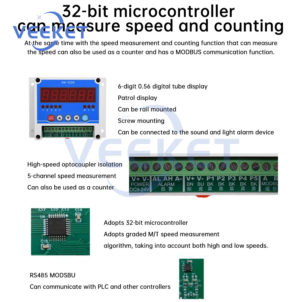 DC 12-24V 5-channel Speed Meter 6 Digit LED Counters Tachometer NPN Hall Switch Proximity Switch Sensor Speed Measure Meter