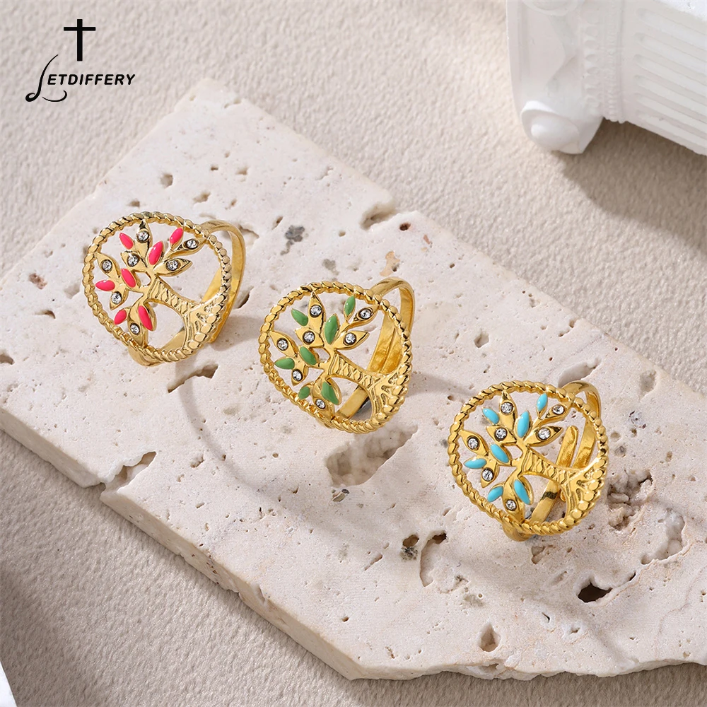 Letdiffery Trendy Tree of Life Dripping Oil Ring for Women Boho Adjustable Ring Stainless Steel Jewelry Party Jewrlry