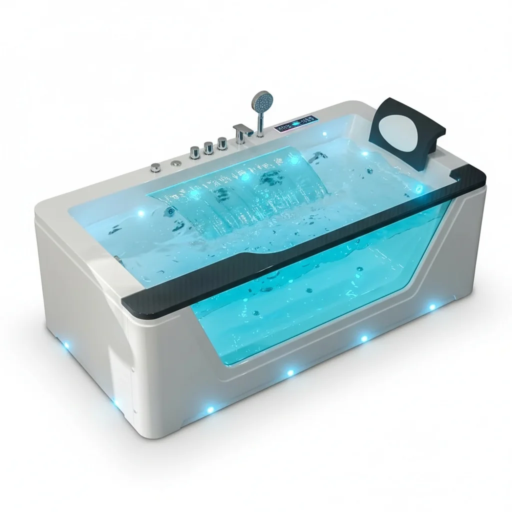 

Whirlpool Massage Bathtub, 170cm/67inch Acrylic Soaking Tub, Freestanding Spa Bathtub, with Air Jet, Glass Panel, Hotel Spa Tub